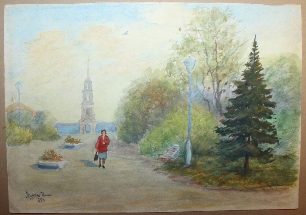 Рисунок Городской сквер в г. Веневе. Вид на колокольню, автор Н.А. Лунев