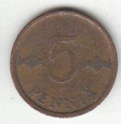 Монета 5 пенни 1970 г. Финляндия.