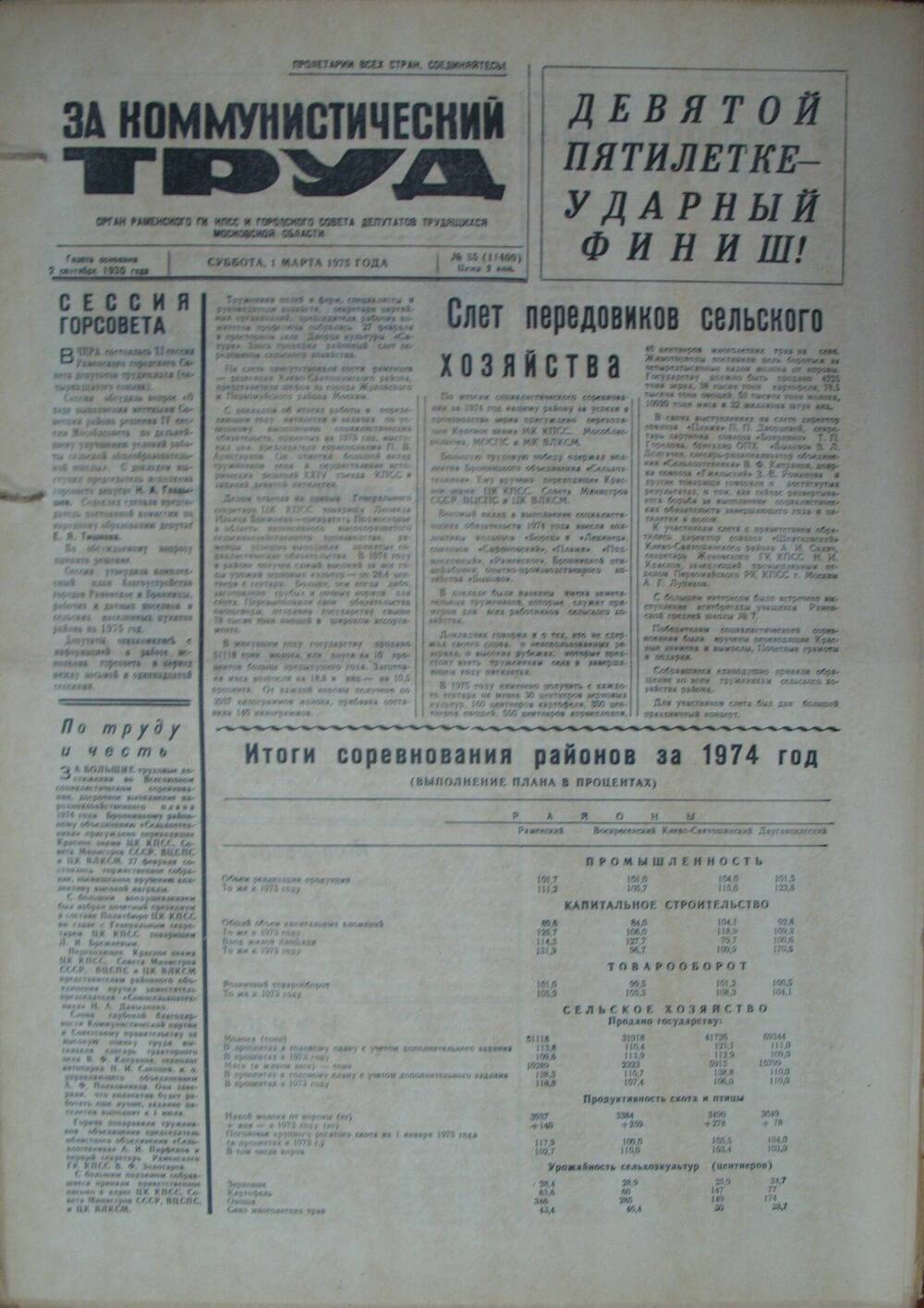 За коммунистический труд, газета № 35 от 1 марта 1975г