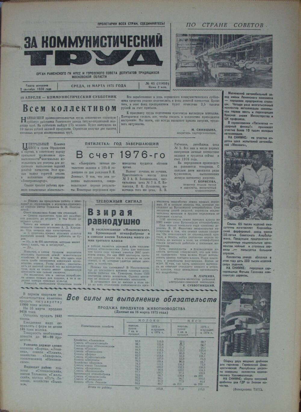 За коммунистический труд, газета № 45 от 19 марта 1975г