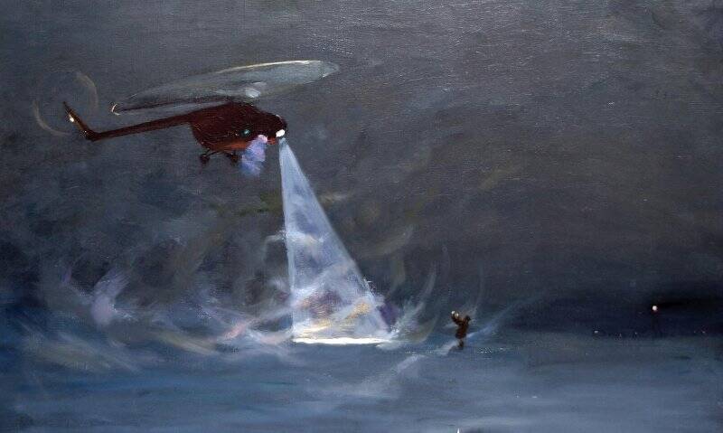 Ночная посадка вертолета на дрейфующей станции Северный полюс-4. Картина