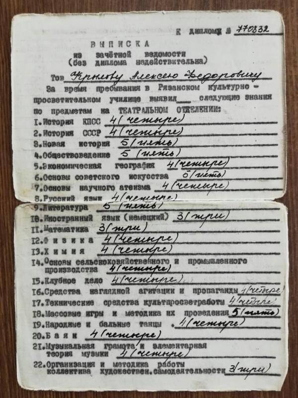 Выписка к диплому № 770832 из зачётной ведомости (без диплома недействительно) Крылова Алексея Фёдоровича, дата составления 5 июля 1966 г., Шацк.
