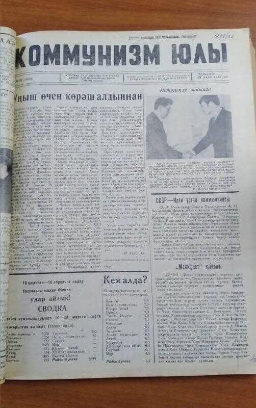 Газета. «Коммунизм юлы», № 34 (3602), 21 марта 1973 ел