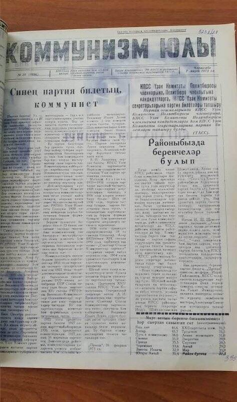 Газета. «Коммунизм юлы», № 28 (3596), 7 марта 1973 ел