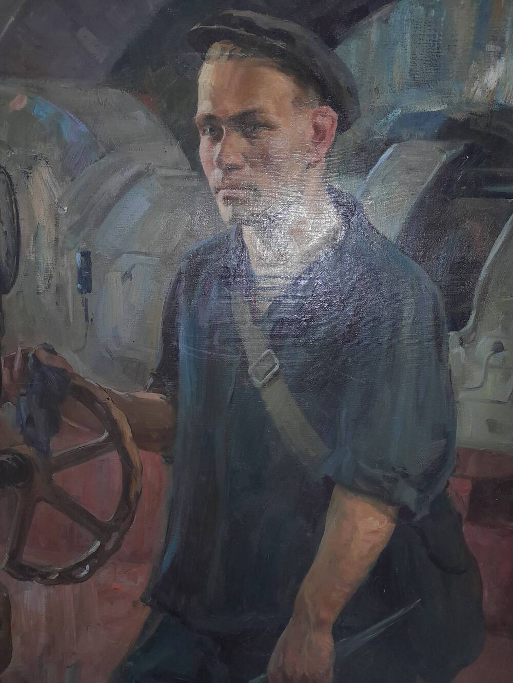 Картина. Портрет слесаря-механизатора. Мужчина в спецовке с газовым ключом в руке и перекинутой сумкой через плечо