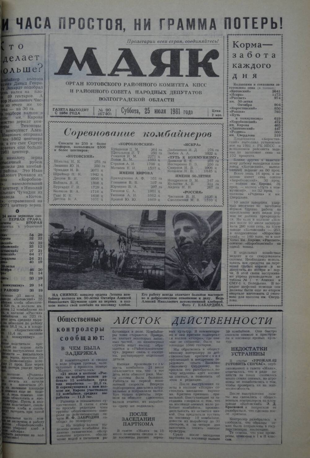 Газета Маяк № 90 (6740). Суббота, 25 июля 1981 года.