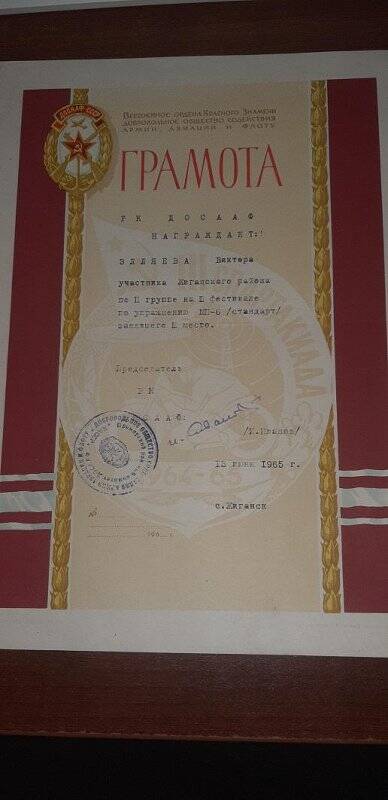 Диплом РК ДОСААФ за 3 место по упражнению МП-6 (стандарт) Элляеву Виктору. Подпись печать. 13 июня 1965 г.