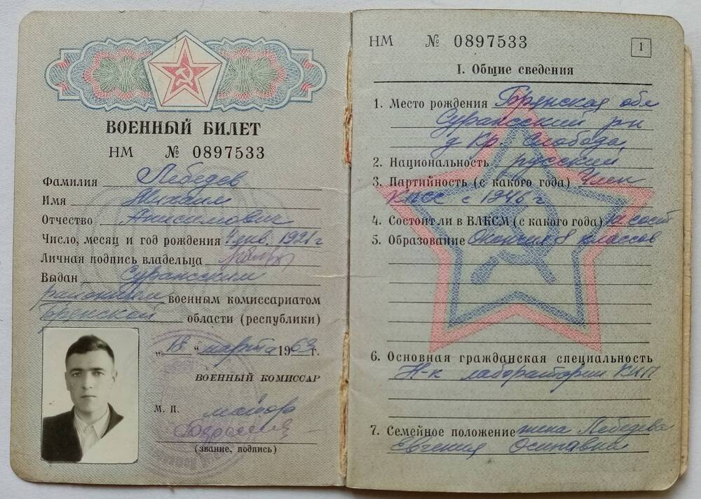 Военный билет НМ № 0897533 Лебедева Михаила Анисимовича
