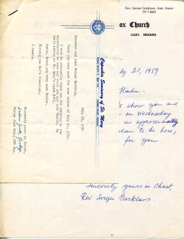 Документ. Письмо от 21.07. 1959 и ответ на письмо от 23.07.1959 г. отцу Гарклавс о визите в церковь Св. Марии.