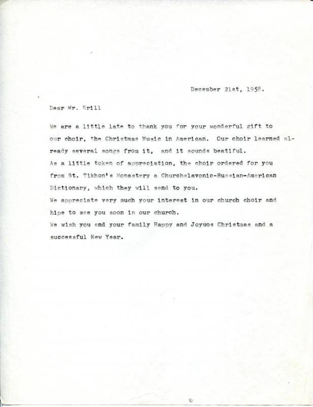 Документ. Письмо с благодарностью мистеру Бриллу за подарки церковному хору. 21.12.1958 г.