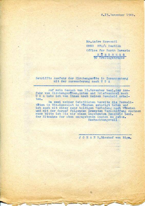 Документ. Письмо отца Иоанна Гарклавс о вывозе церковных ценностей в США. 13.12.1948