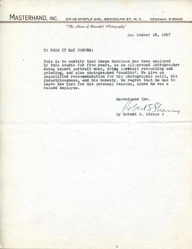 Документ. Письмо, в котором подтверждается, что Сергей Гарклавс в течение пяти лет был  фотографом. 16.09.1957 г