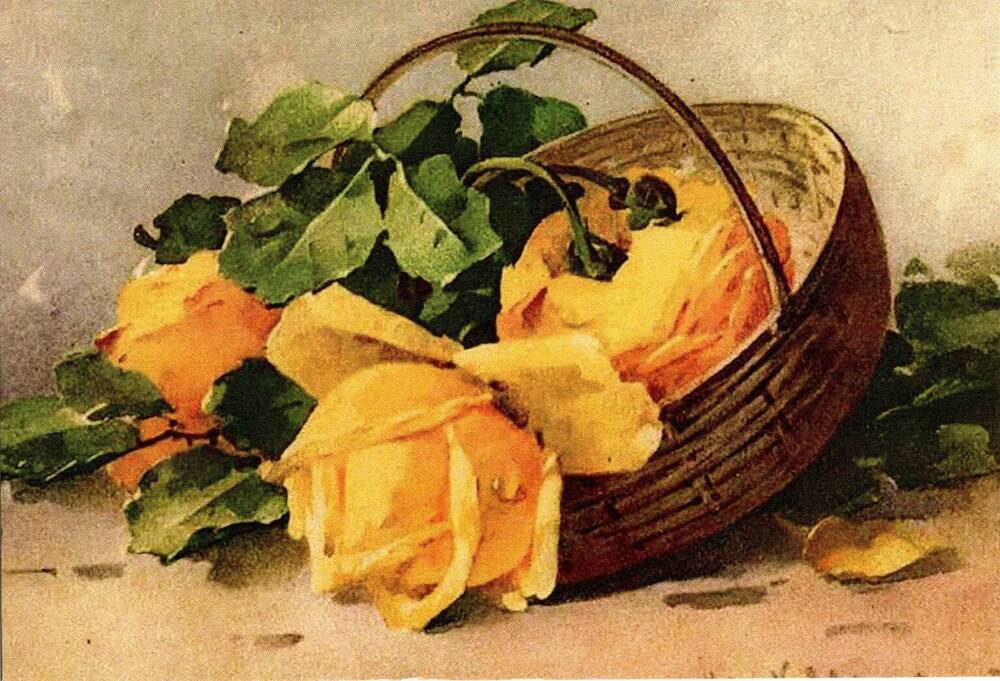 Открытка художественная Корзинка с желтыми розами(репринт).