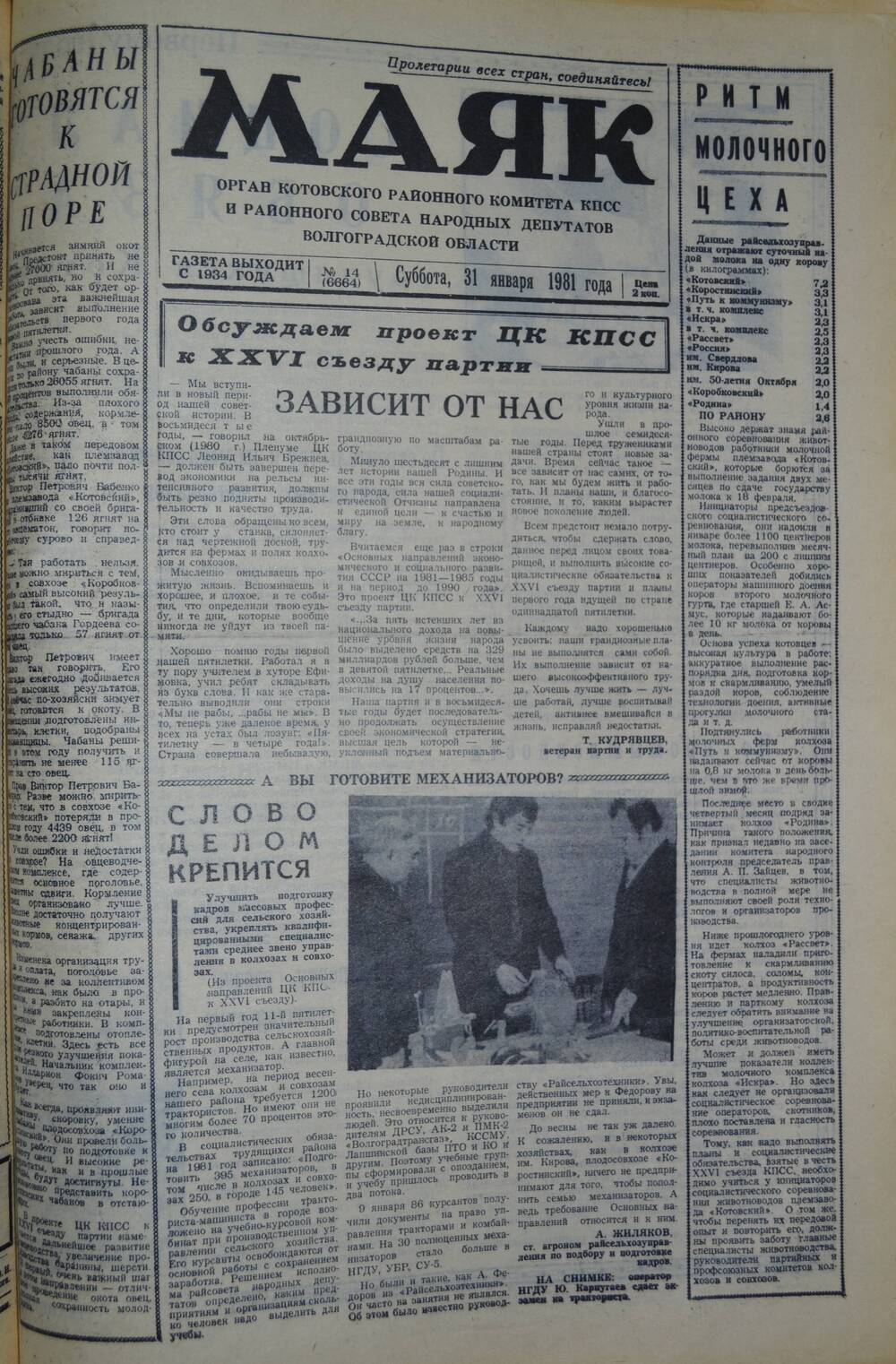 Газета Маяк № 14 (6664). Суббота, 31 января 1981 года