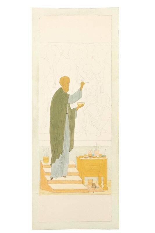Эскиз
Андрей Рублев пишет апостолов из композиции «Страшный суд» в Успенском соборе города Владимира (эскиз к клейму иконы-триптиха)