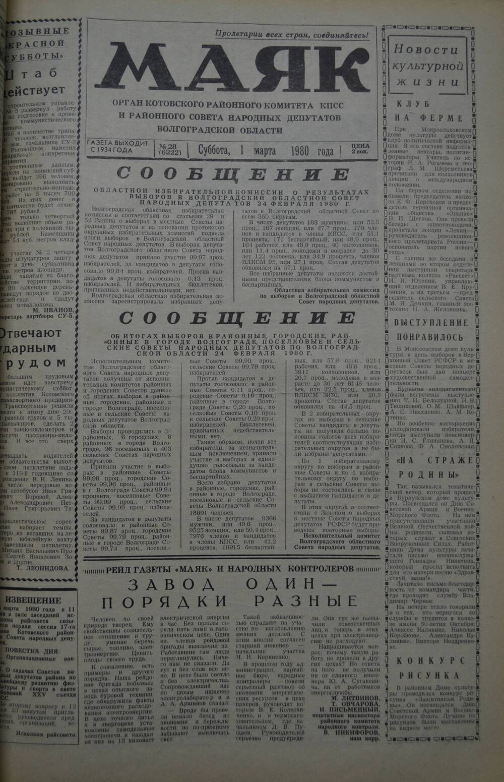 Газета Маяк № 28 (6222). Суббота, 1 марта 1980 года.