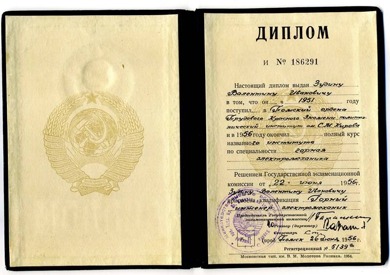 Диплом И № 186291 на имя Зудина Валентина Ивановича
