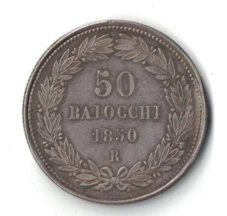 Монета. 50 байокко - папа Пий IX (1846-1878). Италия