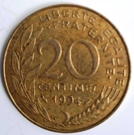 Монета 20 сантимов 1994 года