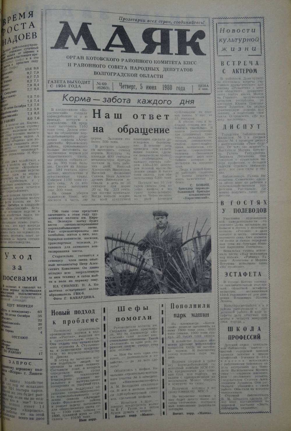 Газета Маяк № 69 (6263). Четверг, 5 июня 1980 года.