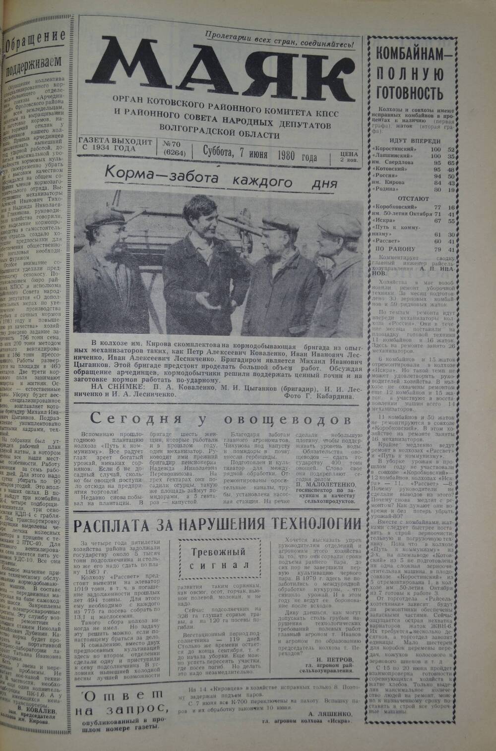 Газета Маяк № 70 (6264). Суббота, 7 июня 1980 года.