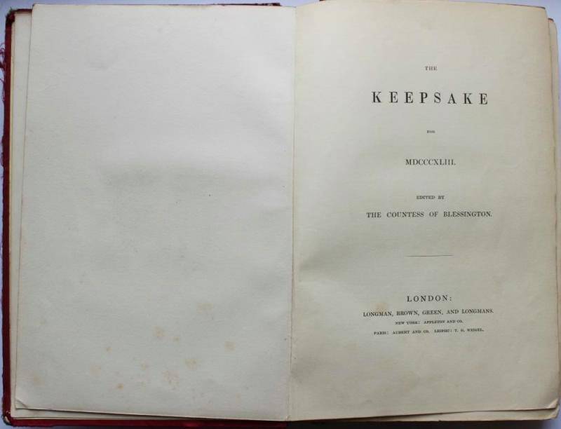 Сборник. The Keepsake for 1843 / edited by the Countess of Blessington.  London: Hurst, Chance and Company, 1843. [На память за 1843 / под редакцией графини Блессингтон. Лондон. 1843.] 


