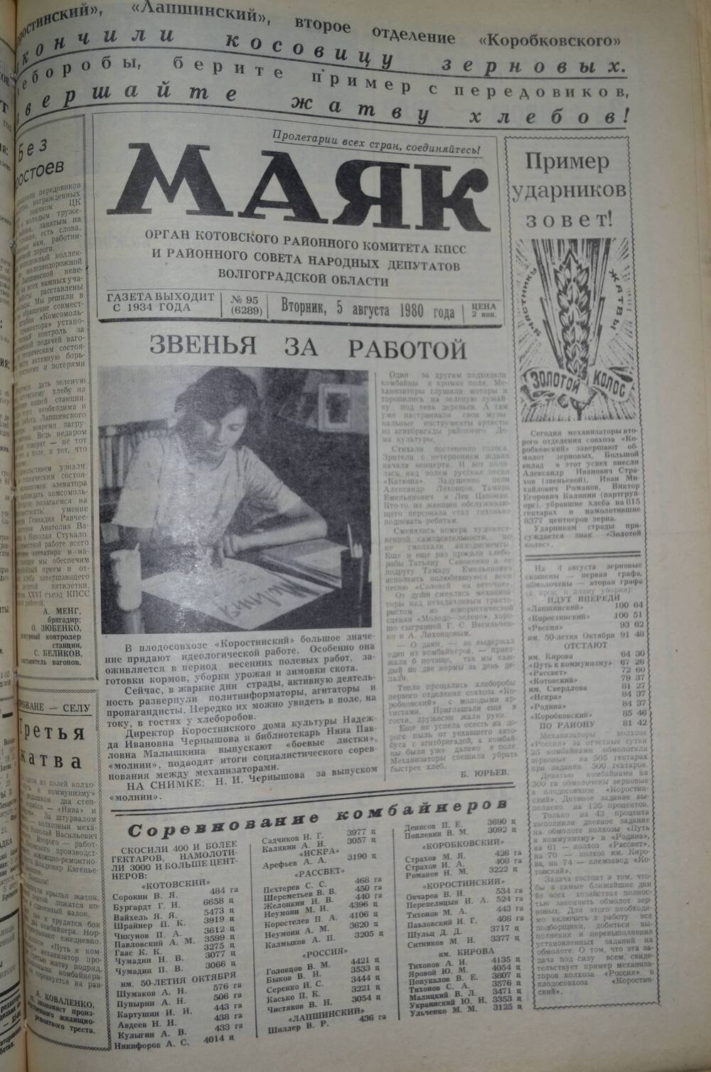 Газета Маяк № 95 (6289). Вторник, 5 августа 1980 года.