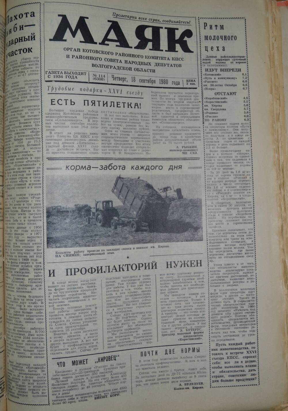 Газета Маяк № 114 (6308). Четверг, 18 сентября 1980 года.