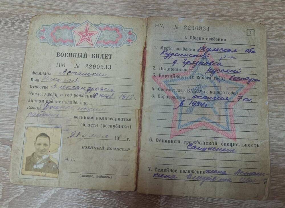 Военный билет Асташкина Николая Александровича.