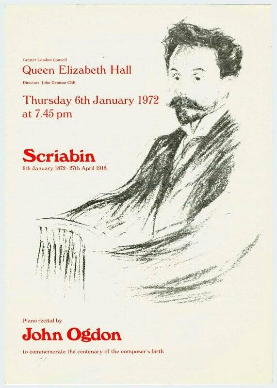 Программа концерта Джона Огдона к 100-летию со дня рождения А.Н. Скрябина в Лондоне в Queen Elizabeth Hall. 06 января 1972 г.