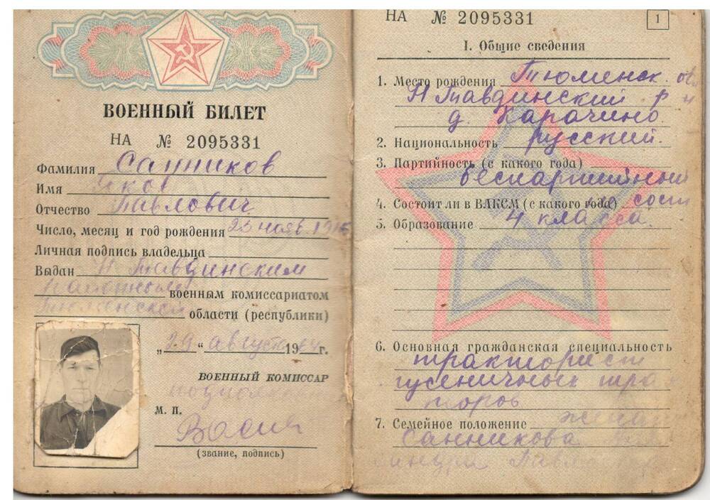 Военный билет Санникова Якова Петровича