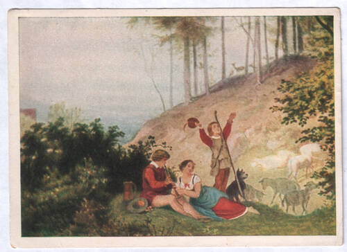 Карточка почтовая. Hirtenszene. Teilstuck aus dem Gemalde “Der Brautzug im Fruhling”. Dresden, Gemaldegalerie. Из комплекта открыток Adrian Ludwig Richter(1803-1884), принадлежавшего Е.Я. Эфрон. 