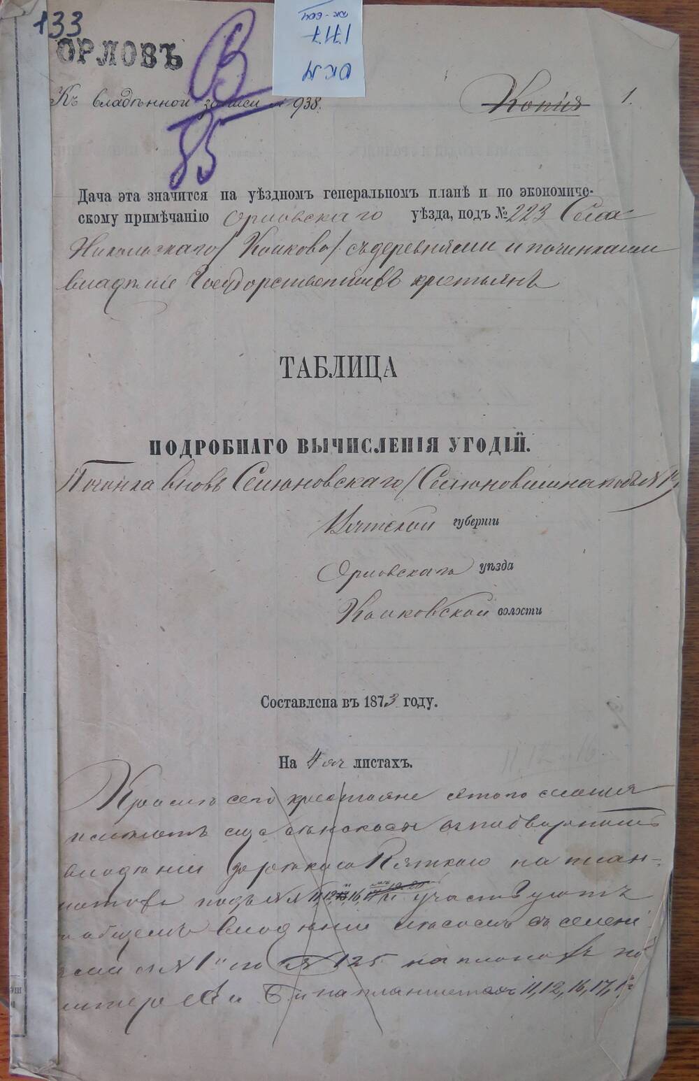 Таблица подробного вычисления угодий  к записи № 938 Вятской губернии, Орловского уезда, Колковской волости.
Составлена в 1873 году.