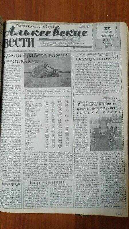 Газета. «Алькеевские вести», № 63 (8065), 22 июля 2004 год