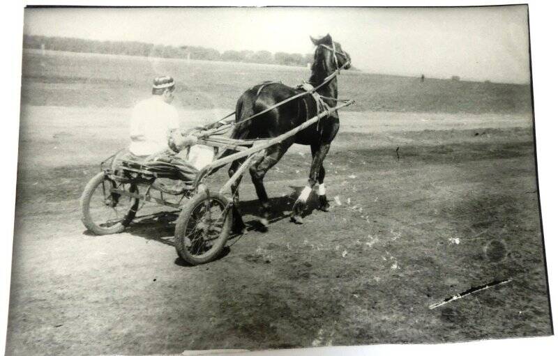 Фотография. Во время скачек, мужчина сидит на тележке.