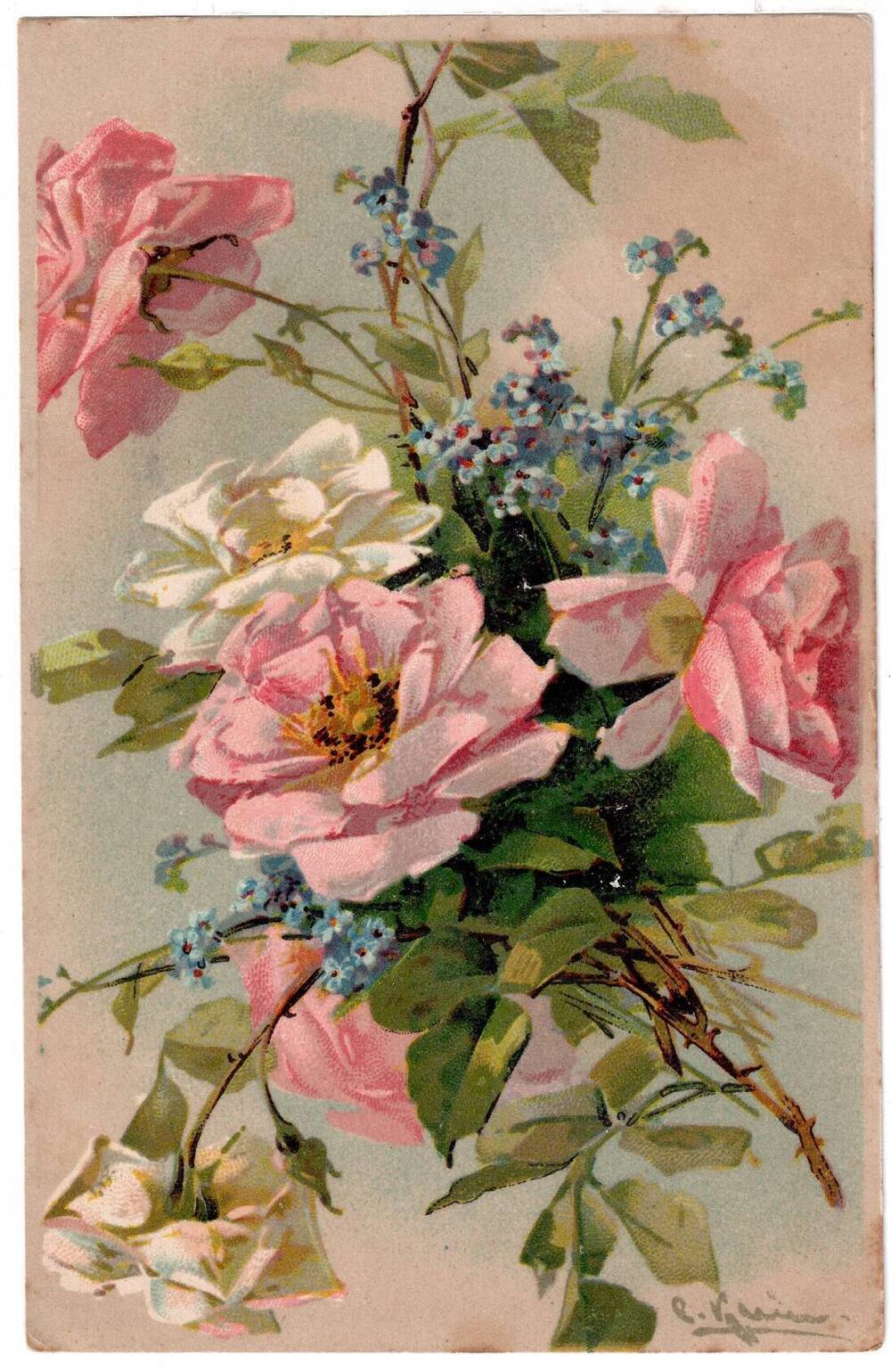 Почтовая открытка Розы и незабудки.