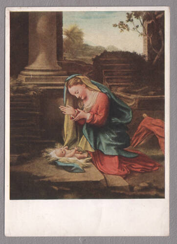 Карточка почтовая. Antonio Allegri gen. Correggio (1494-1534). Madonna, das Kind anbetend. Florenz, Uffizien. Из собрания открыток, принадлежавшего Е.Я. Эфрон.