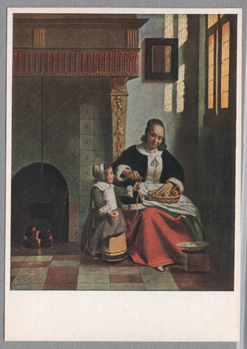 Карточка почтовая. Jan Vermeer van Delft (1632-1675). Apfelschalende Mutter mit Kind. Из собрания открыток Malerei der Niederlande, принадлежавшего Е.Я. Эфрон.