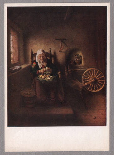 Карточка почтовая. Nicolaes Maes (1633-1693). Die Apfelschalerin. Berlin. Из собрания открыток Malerei der Niederlande, принадлежавших Е.Я. Эфрон.
