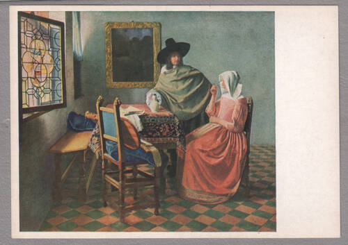 Карточка почтовая. Jan Vermeer van Delft (1632-1675). Die Weinprobe. Berlin. Из собрания открыток Malerei der Niederlande, принадлежавшего Е.Я. Эфрон.