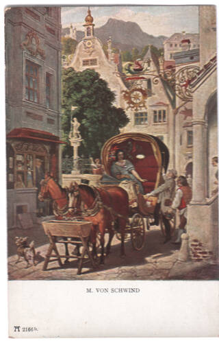 Карточка почтовая. Moritz von Schwind. Die Hochzeitsreise – Le voyage de la noce – The wedding-trip (Schackgalerie, Munchen). Из собрания открыток Moritz von Schwind. (1804-1871), принадлежавшего Е.Я. Эфрон.