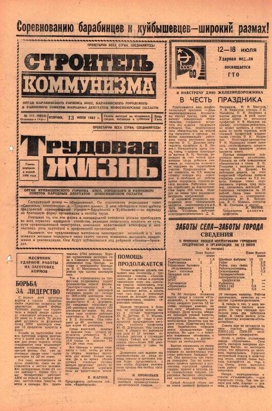 Газета Строитель коммунизма от 13 июля 1982 г., № 111 (9024).