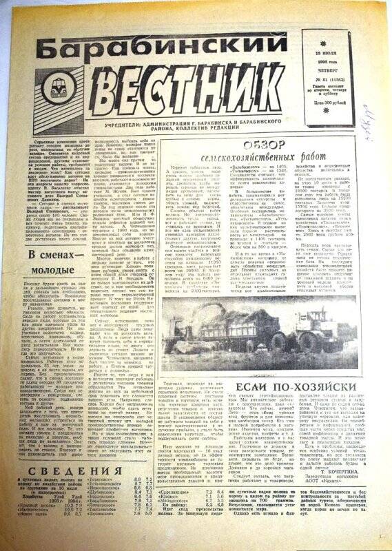 Газета Барабинский вестник 13 июля 1995 г., № 81 (11582).