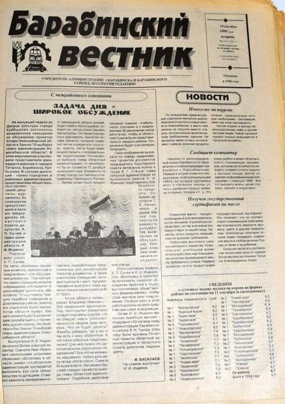 Газета. Барабинский вестник 19 сентября 1995 года,  № 110 (11611).