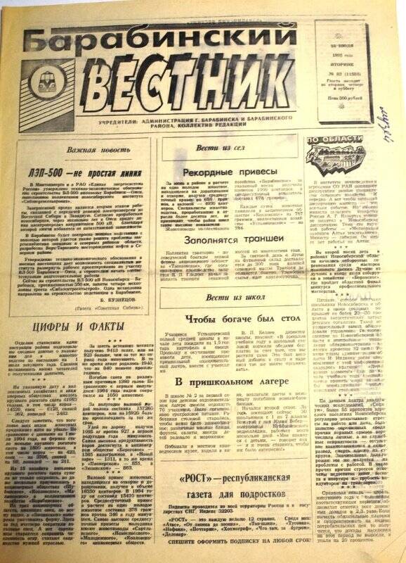 Газета Барабинский вестник, 18 июля 1995 года,  № 83 (11584).