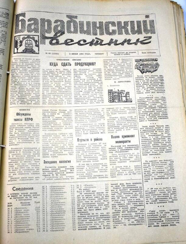 Газета. Барабинский вестник  2 июня  1994 года, № 60 (11363).