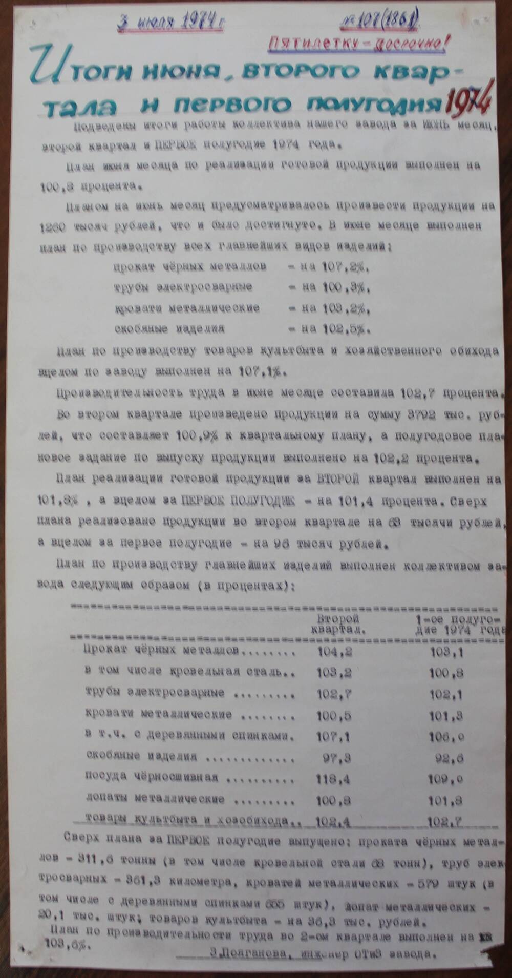 Стенгазета завода Прокатчик 1974 г.