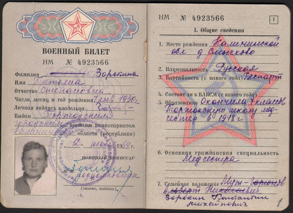 Билет военный Т.С. Горюновой (Зорькиной), выданный Торжокским горвоенкоматом в 1964 г.
