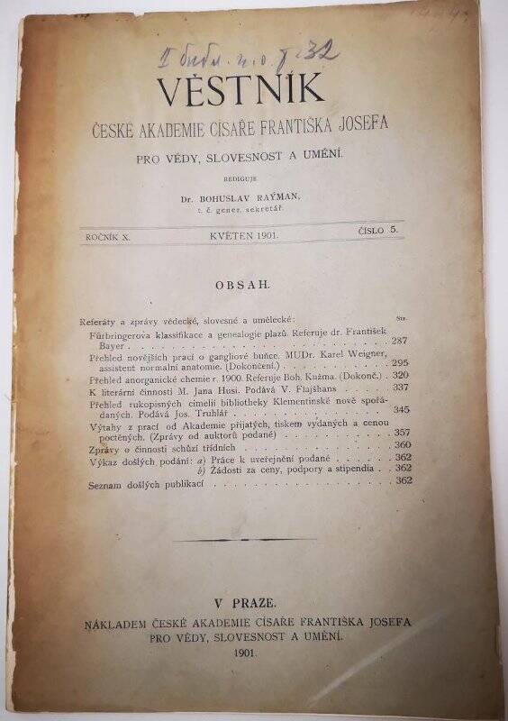 Журнал. Věstník České Akademie Císaře Františka Josefa pro Vědy, slovesnost a umění. Rocnik Х. Květen 1901. Číslo 5.