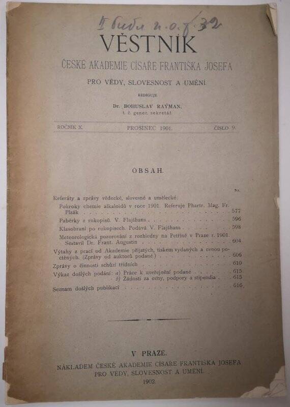 Журнал. Věstník České Akademie Císaře Františka Josefa pro Vědy, slovesnost a umění. Rocnik Х. Prosinec 1901. Čislo 9.